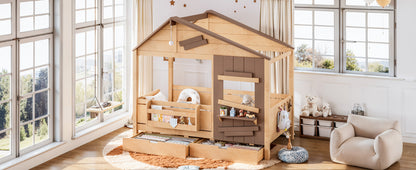 Twin Size Farmhouse Spliced House Bed with Window Shelf & Side Hooks, Playhouse Bed Frame with Underbed Storage Drawers and LED,Light Natural