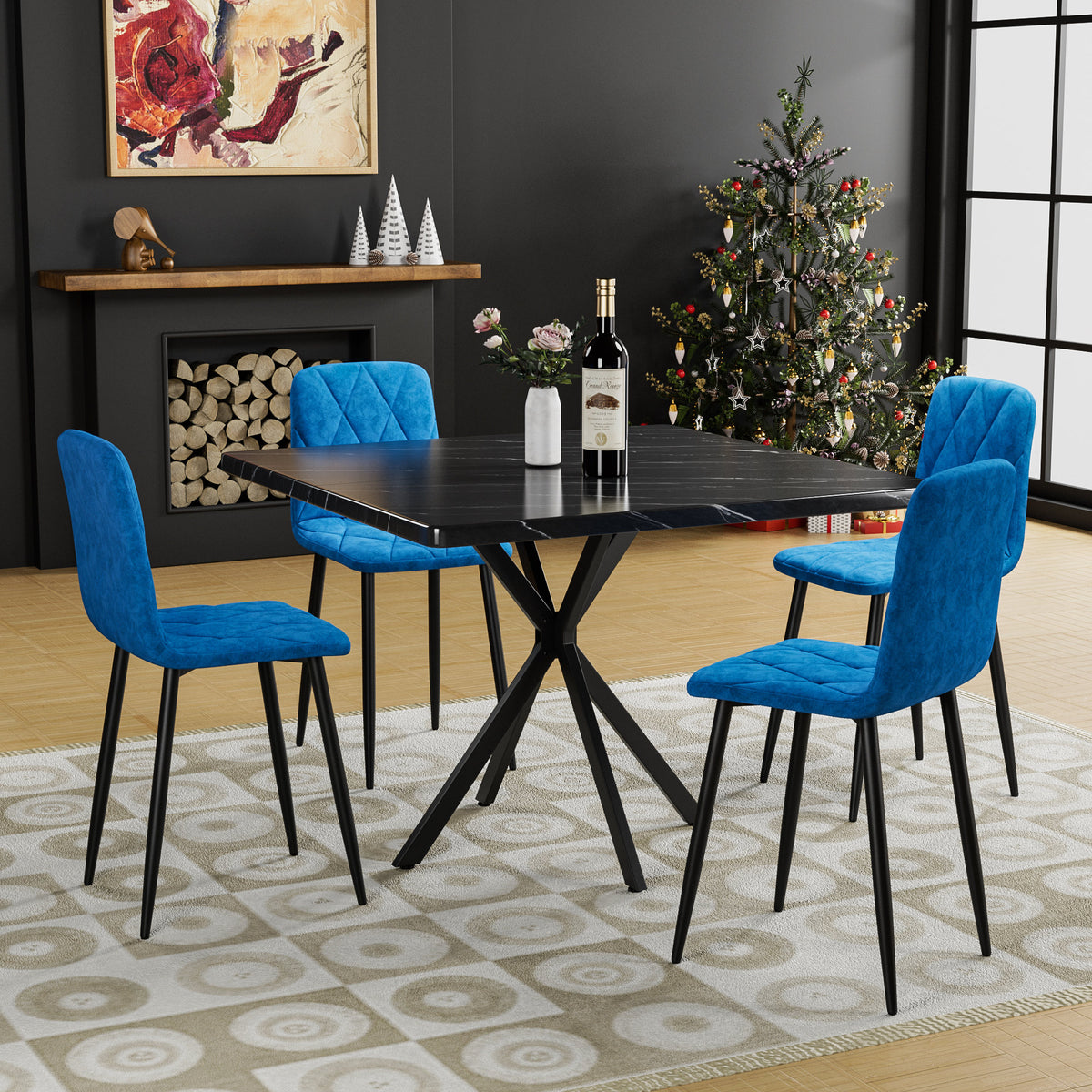 Square Dining Table Set, Mid Century Modern Square Dining Table for 4 Person, Faux Marble Tabletop, Iron Legs, Coffee Table, Save Space