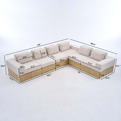 6-seat Modular Sectional Sofa with Storage Drawers, Multi-Functional L-Shaped Couch with Built-In Cabinet Base and Center Table Design, Convertible Combination Sofa Set, Modern Upholstered Sofa