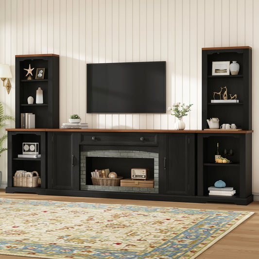 3-Piece TV Stand Set with Curved Side Cabinets for TVs Up to 70', Farmhouse Entertainment Center with Bookshelves, Stylish Walnut Sideboard with Drawer, Adjustable Shelves, for Living Room, Black