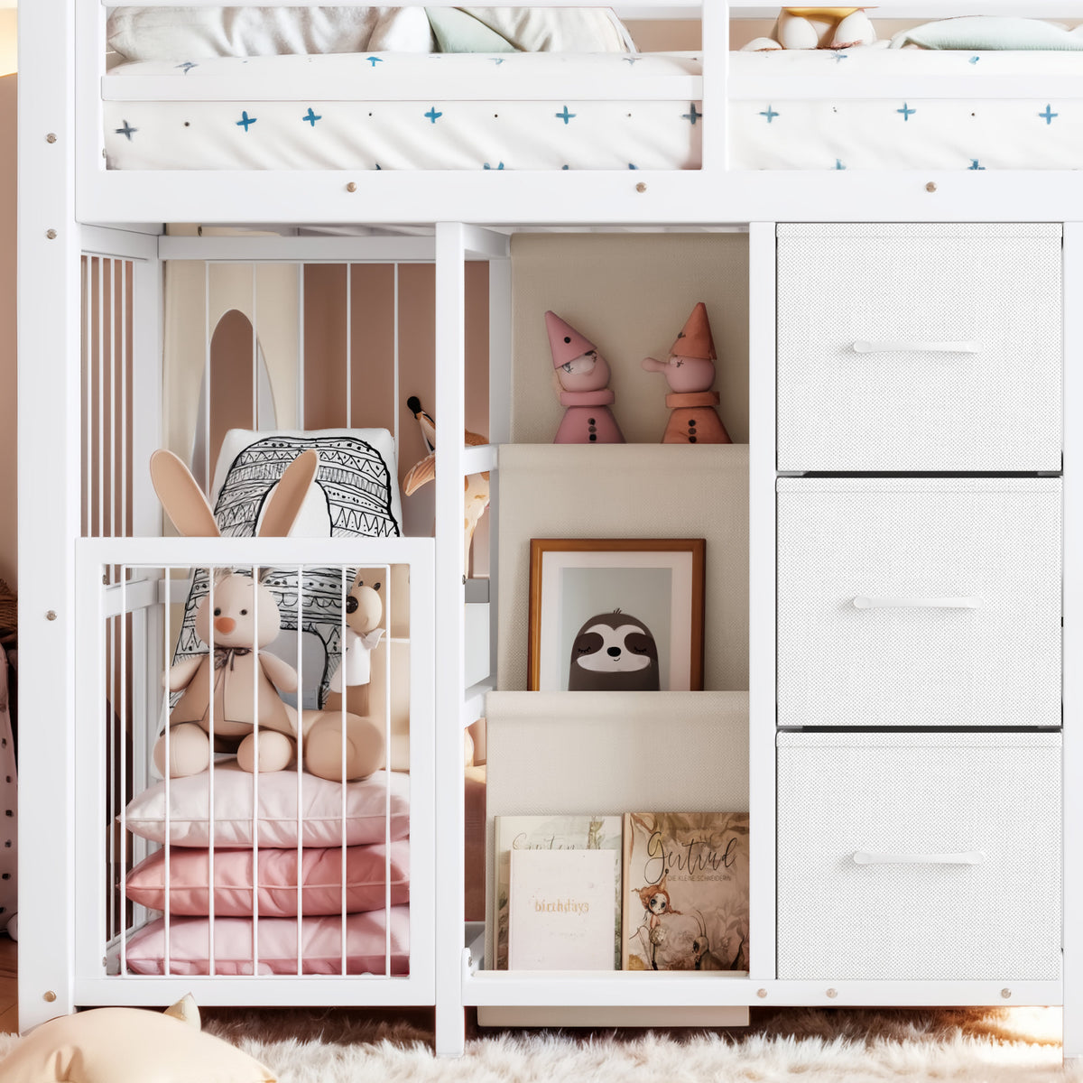 Twin Metal Low Loft Bed for Kids, Low Loft Bed with Storage Drawer, Low Loft Bed with Bookshelf & Built-in Desk, Sturdy Low Loft Bed Frame, Multi-Function Low Loft Bed for Kids.White