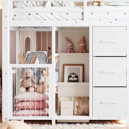 Twin Metal Low Loft Bed for Kids, Low Loft Bed with Storage Drawer, Low Loft Bed with Bookshelf & Built-in Desk, Sturdy Low Loft Bed Frame, Multi-Function Low Loft Bed for Kids.White