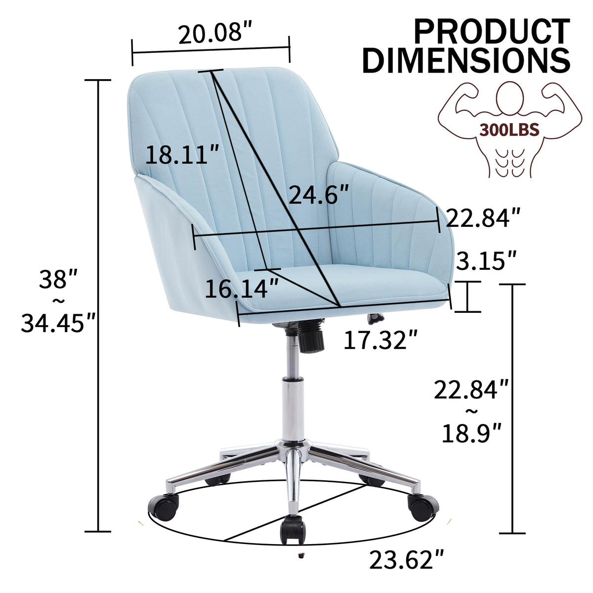 TY Ergonomic Office Chair in Baby Blue Velvet with Adjustable Backrest and Silver Base, Ideal for Home Bedroom and Long Sitting