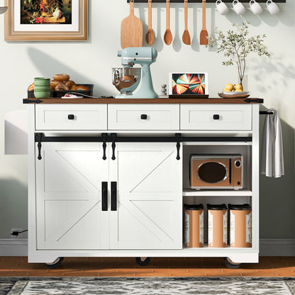 K&K 53.7" Farmhouse Kitchen Island with Power Outlet, 2 Sliding Barn Door Kitchen Storage Island with Drop Leaf – Model N707S170347W