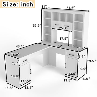 L-Shaped Computer Desk with 2 Cabinets and 2 Drawers, 11 Open Shelves and 1 Right Flip Shelf with Storage, with Power Outlet, White