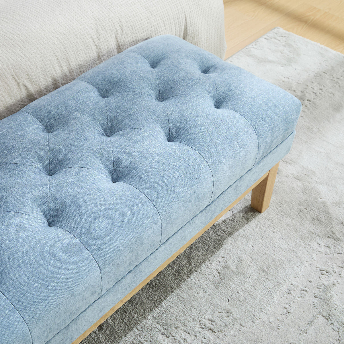 63'' Wide Upholstered Chenille Accent End of Bed Bench Ottoman With Nature-finished Rubberwood Legs, Tufted Footstool with Padded Seat for Window Entryway Living Room Bedroom Dining Hallway, Blue