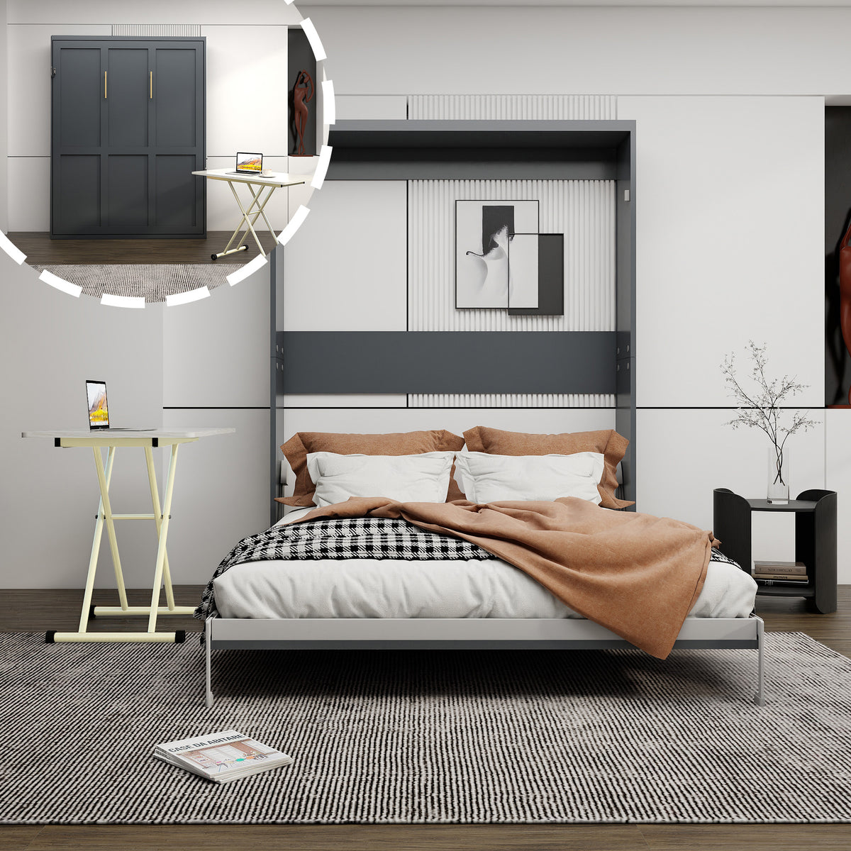 Space Saving Wall Bed with Adjustable Folding Table, Manual Height Adjustable Desk for Office,Grey