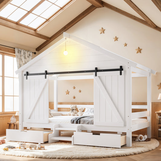Twin Size Farmhouse Bed with Sliding Barn Door and Light Bulb, Wood house Bed Frame with Stair and Drawers, White