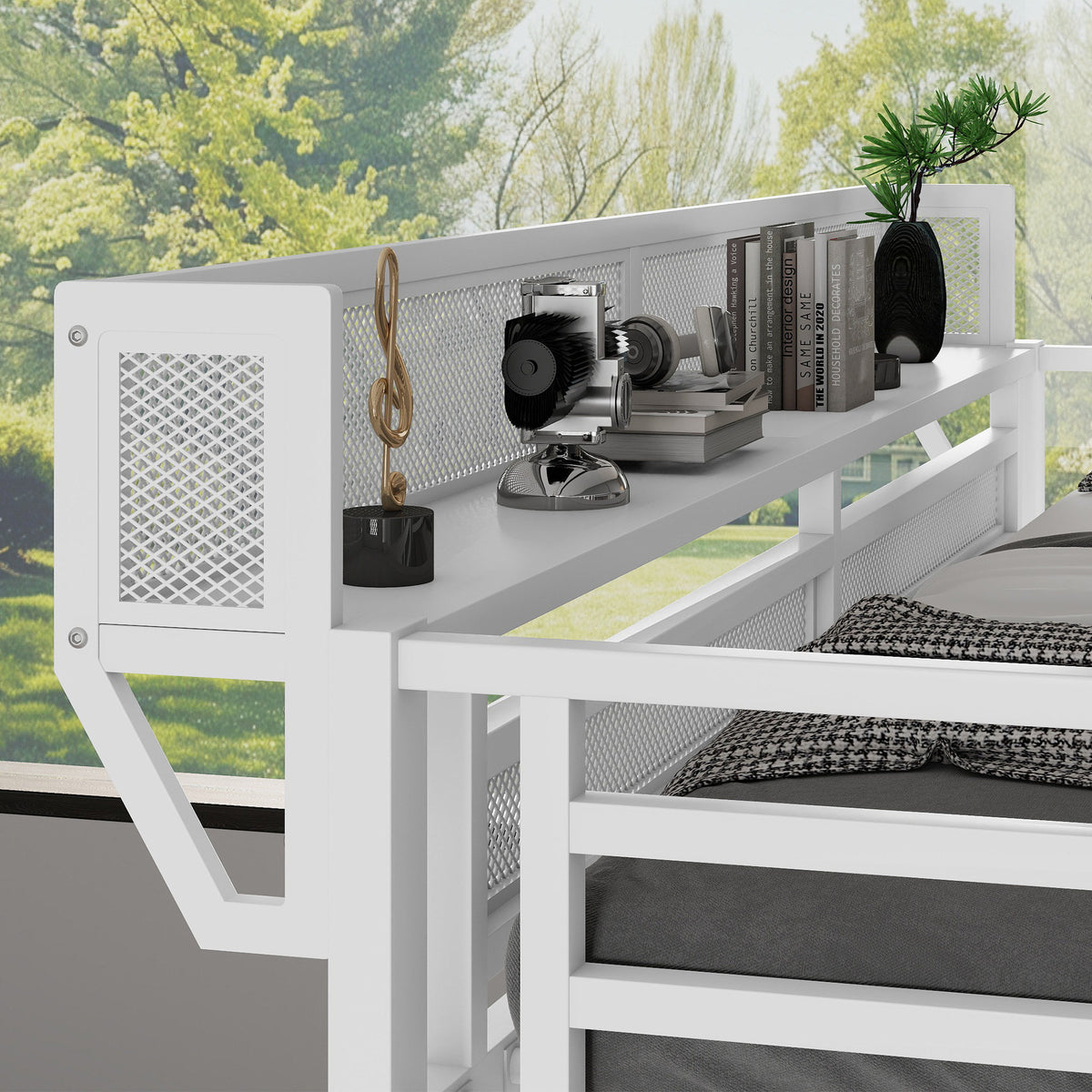 Twin XL Size Loft Bed with Stairs, Metal Full Loft Bed with Storage Shelves, High Loft Bed with Wardrobe for Kids Teens,White(Old Sku W2580S00050)