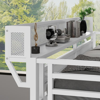 Twin XL Size Loft Bed with Stairs, Metal Full Loft Bed with Storage Shelves, High Loft Bed with Wardrobe for Kids Teens,White(Old Sku W2580S00050)