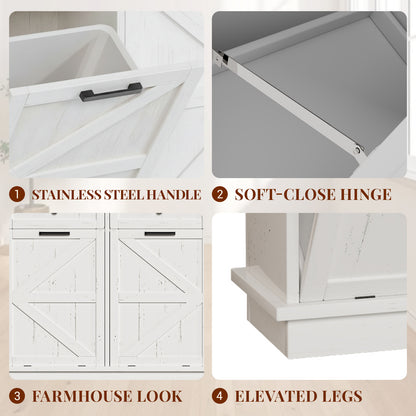 Tilt Out Trash Can Cabinet for Kitchen, Double 10-Gallon Hidden Trash Cabinet with Drawer, Farmhouse Wooden Garbage Cabinet, Dog Proof Trash Can Storage for Kitchen Laundry Living Room Office