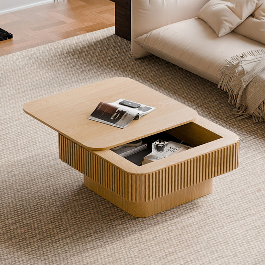 31.5'' Square Coffee Table with Storage Solid Wood Veneered Modern Coffee Table Accent Tea Table for Living Room, Bedroom, Apartment or Office, Natural Wood