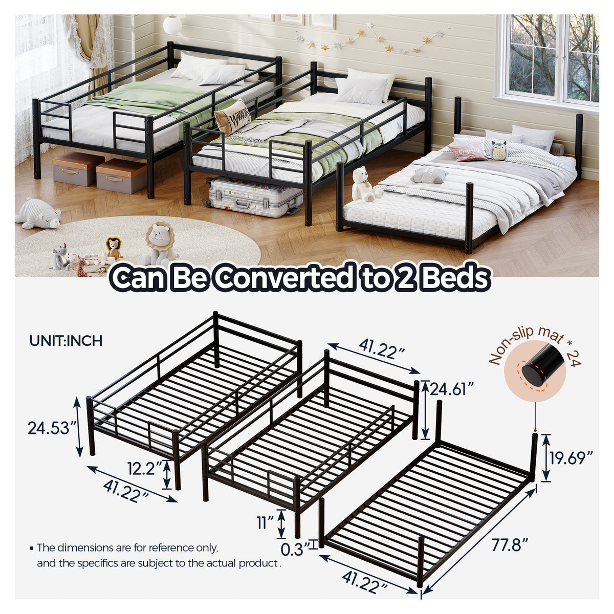Metal Triple Bunk Bed Twin over Twin over Twin, Heavy Duty 3-in-1 Convertible Metal Bunk Bed Frame with Ladders, Guardrails & Anti-Tip Kit, Space-Saving Bed for Kids, Teens, Adults, No Box Spring Need