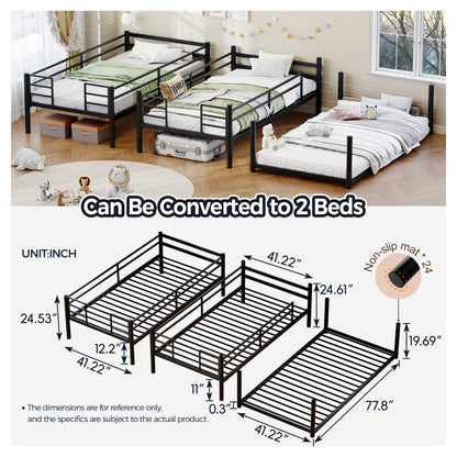 Metal Triple Bunk Bed Twin over Twin over Twin, Heavy Duty 3-in-1 Convertible Metal Bunk Bed Frame with Ladders, Guardrails & Anti-Tip Kit, Space-Saving Bed for Kids, Teens, Adults, No Box Spring Need