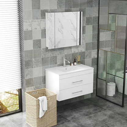 32-Inch White Gloss Wall-Mounted Bathroom Vanity with Double Drawers, Soft-Close System,Ceramic Sink, Create a Modern and Minimalist Bathroom Space!