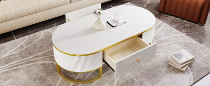 Modern Oval Coffee Table with Drawers, Curved Profile Design, Gold Metal Decor, Center Table for Living Room in 47.2"
