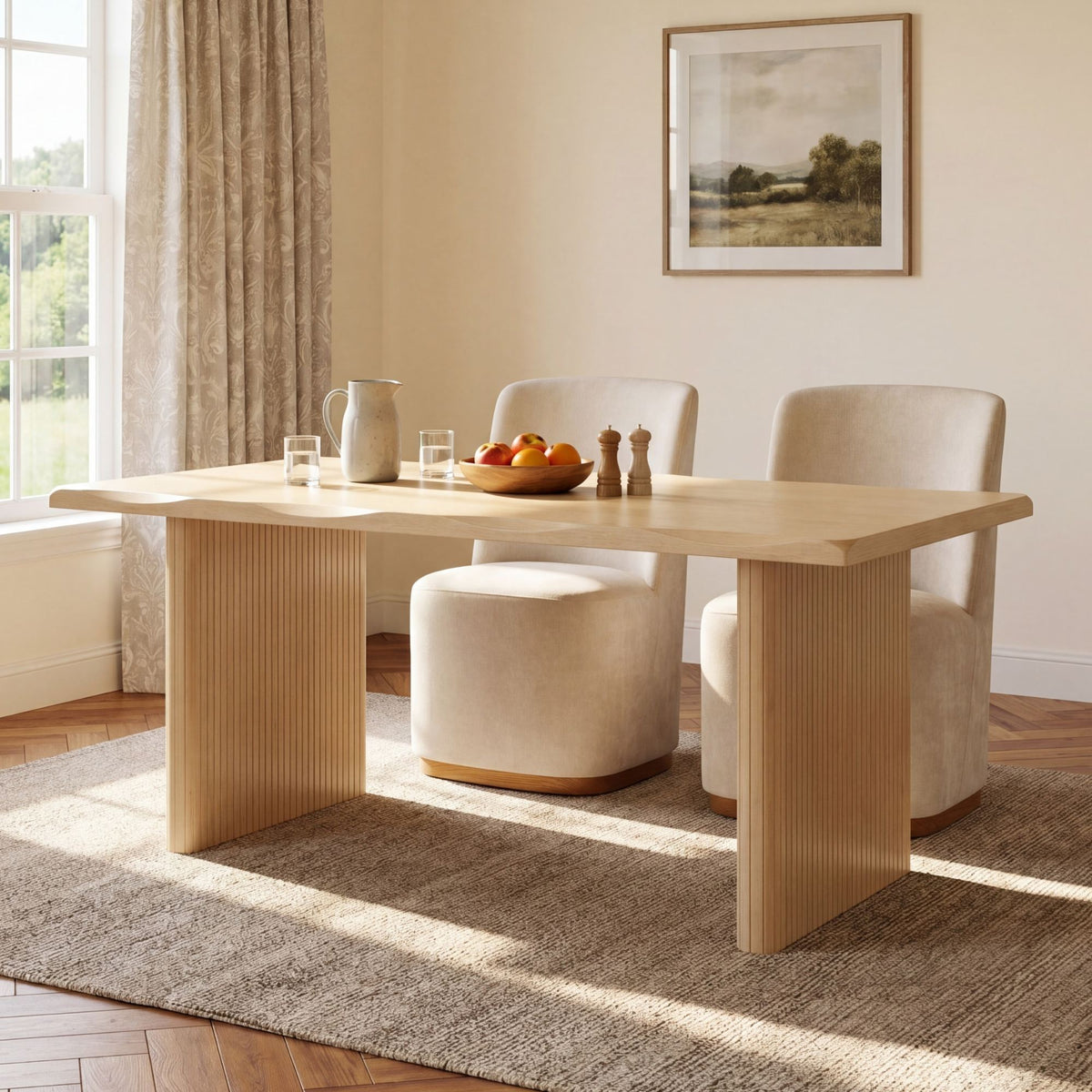 Natural Oak Veneer Dining Table with Ribbed Rubber Wood Legs, 68.75' L Scalloped-Edge Indoor Table in Warm Natural Finish, MDF Top with Oak Veneer