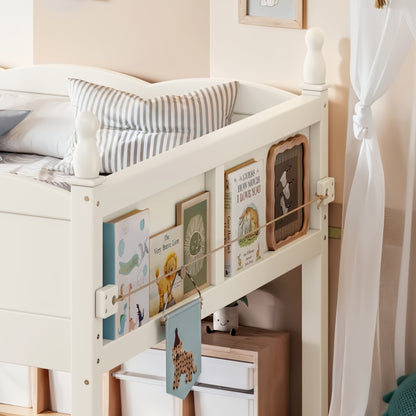 Twin Size Loft Bed with Full-Length Guardrails, Solid Wood Low Loft Bed with Ladders and Beside Book Shelf, Chic Shape and Low Profile Design, Beige