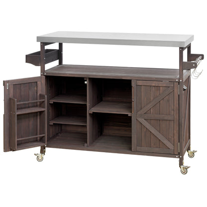 K&K Outdoor Kitchen Island, Rolling Bar Cart & Storage Cabinet, Farmhouse Solid Wood Outdoor Grill Table with Stainless Steel Top – Brown