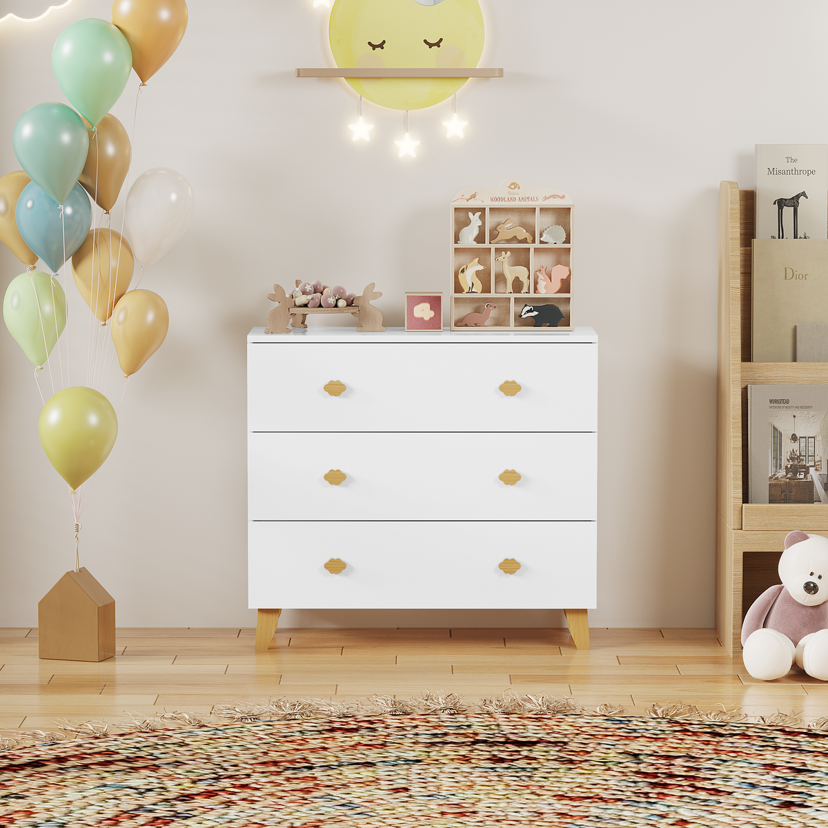 Kids Dresser with 3 Drawers, Wooden Cloud Handles & Pine Legs, MDF Chest of Drawers for Kids Room, Nursery Storage Cabinet, White