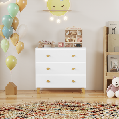 Kids Dresser with 3 Drawers, Wooden Cloud Handles & Pine Legs, MDF Chest of Drawers for Kids Room, Nursery Storage Cabinet, White