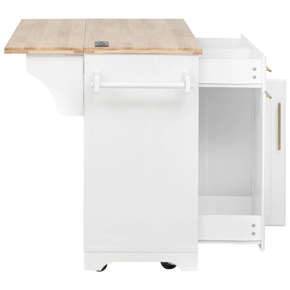 K&K 59.3" Kitchen Island with Storage 2 Pull Out Cabinet Organizers & Rubber Wood Drop Leaf, Rolling Kitchen Island with Trash Can Storage