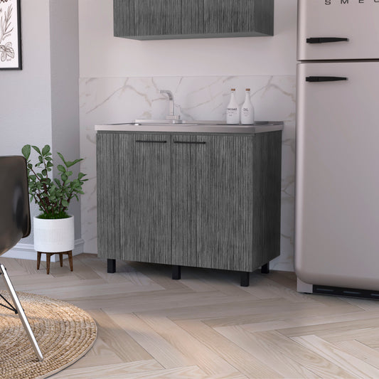 FM FURNITURE Oklahoma 2 Utility Sink & Cabinet, Interior Shelf, Stainless Steel Countertop ,Smokey Oak