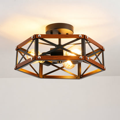 Rustic Farmhouse Wood Flush Mount Ceiling Light Fixture 14.57 inch Wood and Metal Cage Semi Flush Mount Ceiling Light for Hallway Entry Dining Farmhouse Bedroom Living Room,--Matte Black