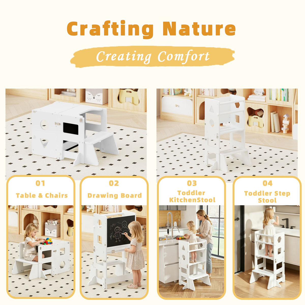 4-in-1 Toddler Kitchen Step Stool,Foldable Learning Standing Tower with Blackboard, Wooden Kitchen Stool Helper for Kids, 1-3 Year Old Boy Girl Gifts(White)