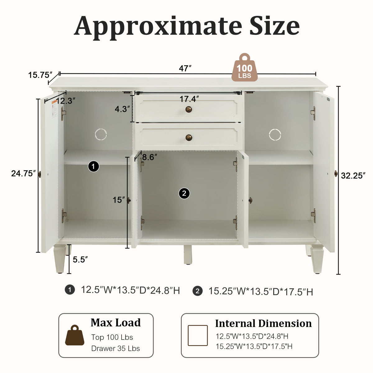 Sideboard Buffet Cabinet with Drawers and Storage Cabinets, Vintage Wooden Console Cabinet with Adjustable Shelves for Kitchen Living Room Entryway