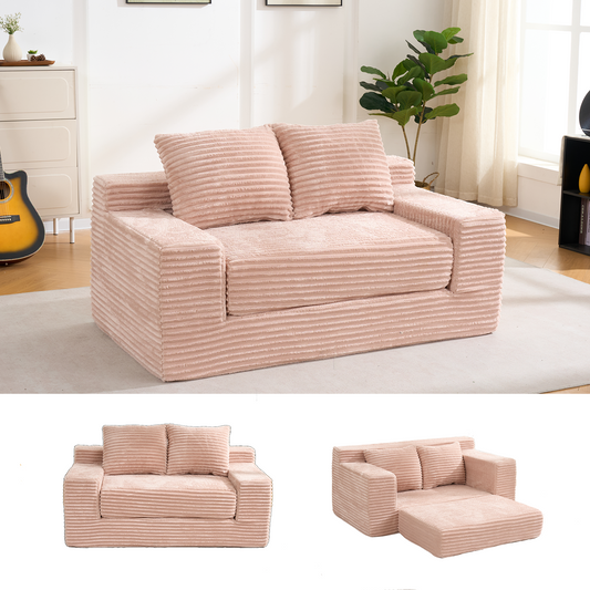 56"Memory Foam Loveseat Compression Sofa For Living Room - No Assembly, Convertible 2-In-1 Design, Corduroy Fabric - Compact Couch For Small Spaces, Apartments, Home Office & Bedroom(Pink)