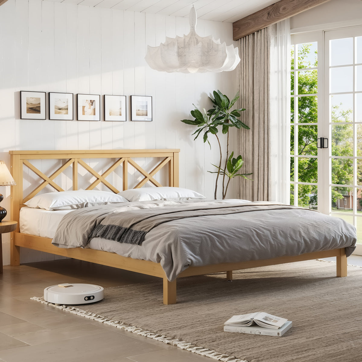 Queen Platform Bed with ''X'' Design Headboard, Bamboo-made Bed Frame Queen Size with Suppport Slats, Mid-century Style, Natural