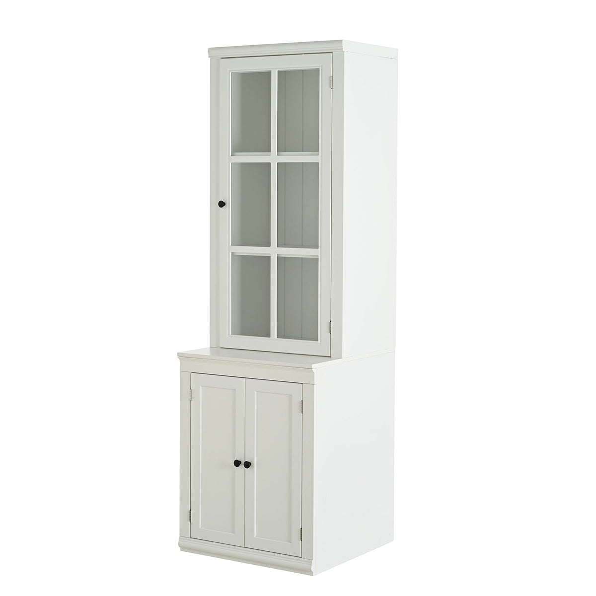 75.25'' Tall Freestanding Pantry Cabinet with Glass Door & Lattice Window, Farmhouse Display Cabinets with Storage, Hutch with Double-Action LH&RH Door, for Hallways, Livingroom Kitchen & Office,White