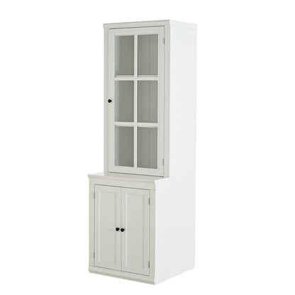 75.25'' Tall Freestanding Pantry Cabinet with Glass Door & Lattice Window, Farmhouse Display Cabinets with Storage, Hutch with Double-Action LH&RH Door, for Hallways, Livingroom Kitchen & Office,White