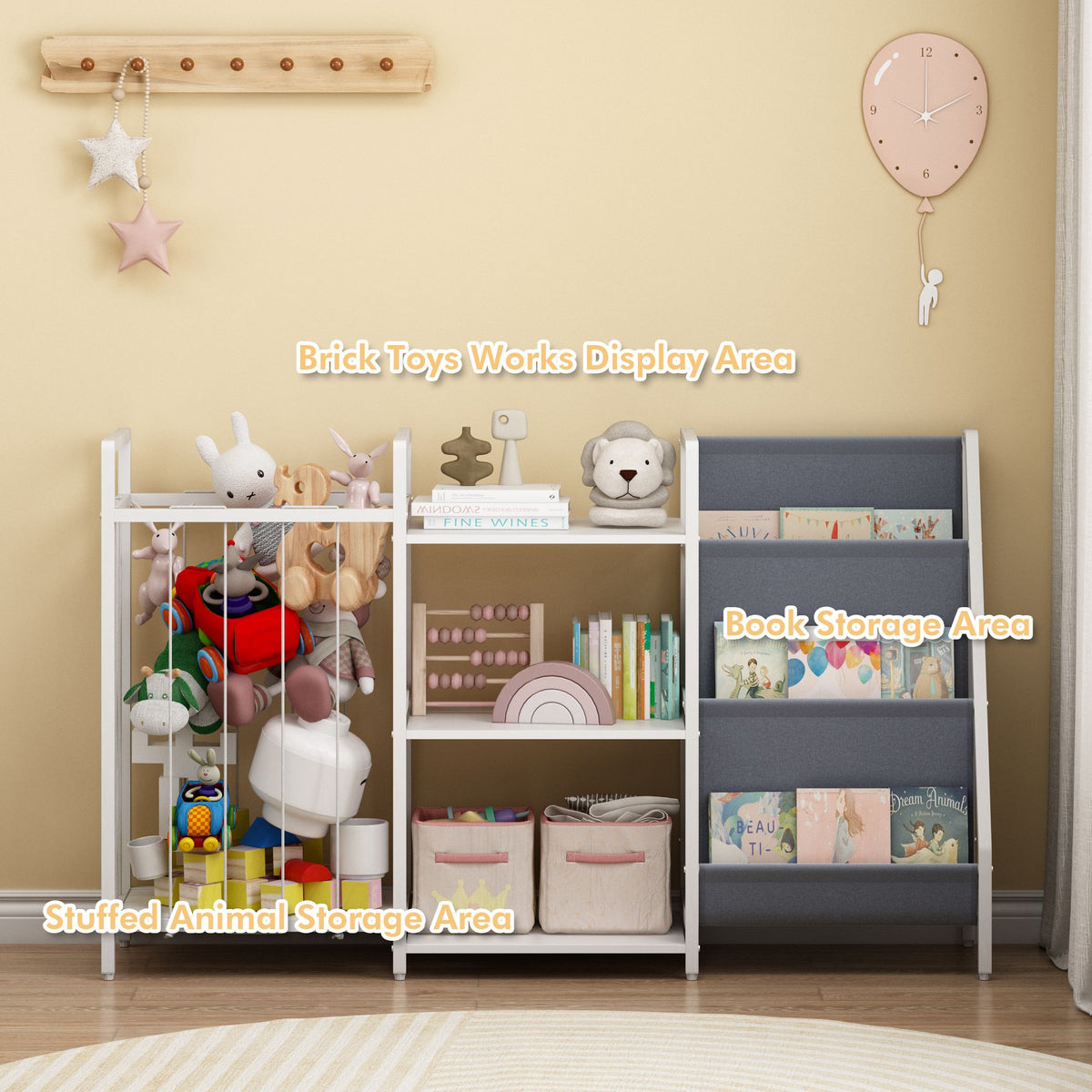 Kids Bookshelf and Toy Storage, 3-in-1 Book Shelf for Kids Rooms, Sling Baby Bookcase with Stuffed Animal Storage, Toddler Montessori Bookshelf for Nursery, Playroom, Kindergarten, Gray