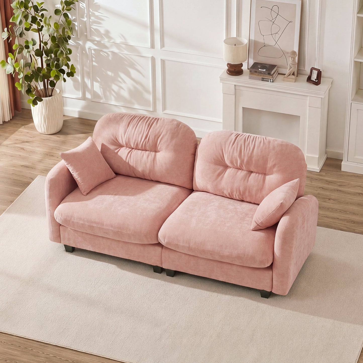 Loveseat Cloud Sectional Couches Chenille Fabric,Quilted Pleated Design, Ergonomic Design,High-Density Foam Easy Install Elegant Armrests High Quality Wooden Base,Fits Living Rooms,Pink