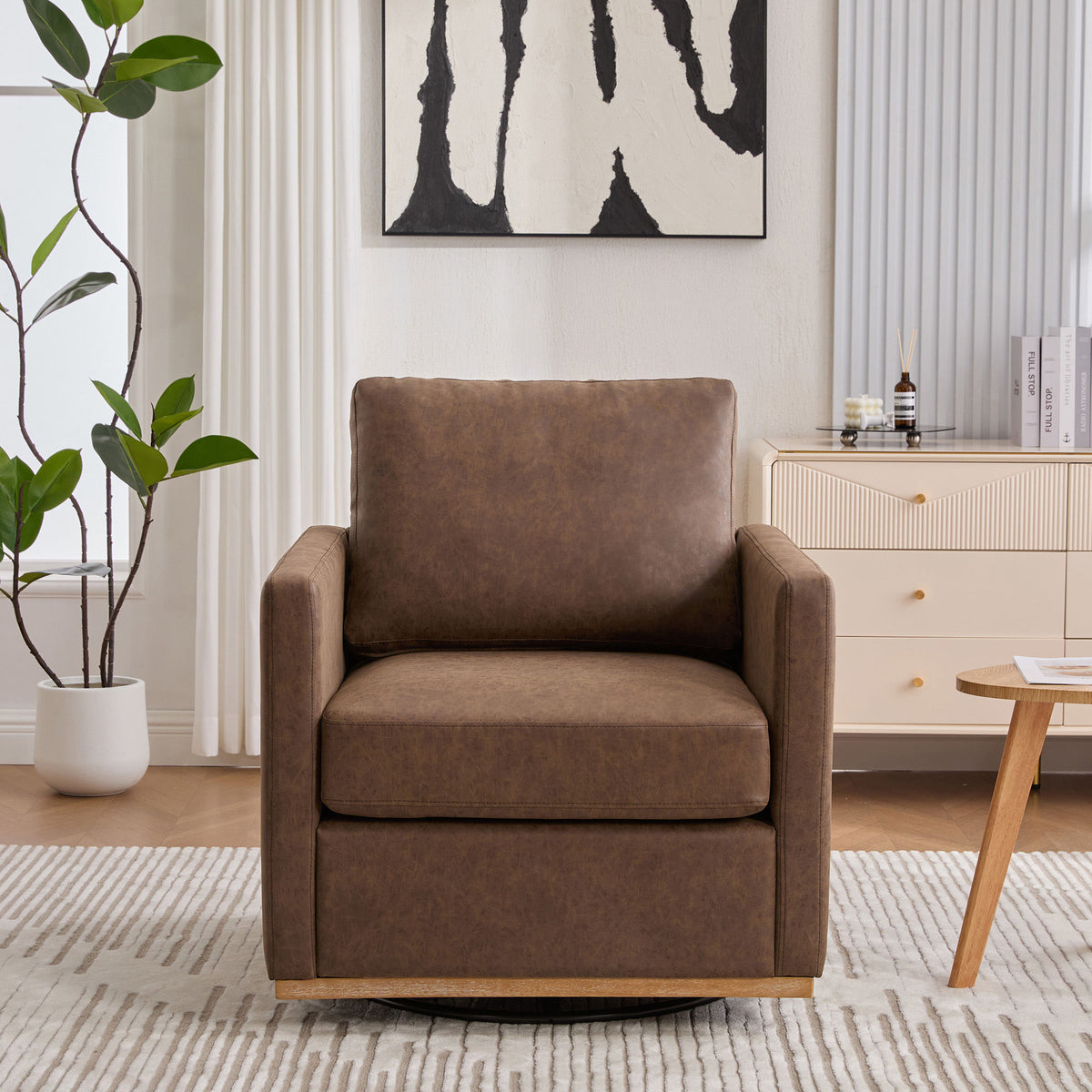 30.5"W Upholstered Square Swivel Accent Chair and Comfy Accent Single Sofa Chair, 360 Degree Club Chair, Lounge Armchair for Living Room Bedroom Apartment Nursery. Coffee PU