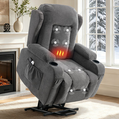 Power Lift Recliner Chair for Elderly with Massage and Heat 8-Point Massage, Lumbar Heat, Electric Lift Assistance, USB Charging Port, Dual Cup Holders, Side Pockets