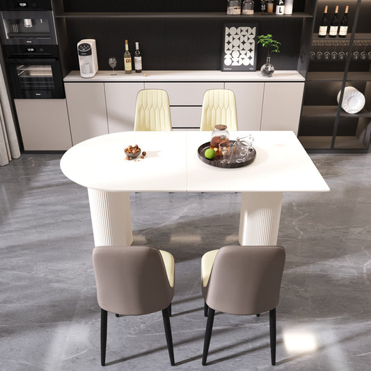 63 'medieval modern cream style MDF dining table and PU dining chair set 4. Assemble Desktop and black metal leg dining chair set, suitable for home&kitchen