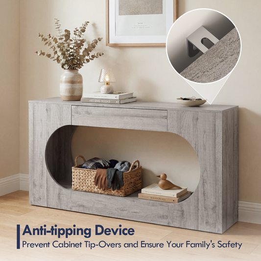Modern Grey Wood Grain Console Table, Particle Board Entryway Table with Storage Drawer, Hollow Oval Cutout Narrow Sofa Accent Table for Hall Foyer Li
