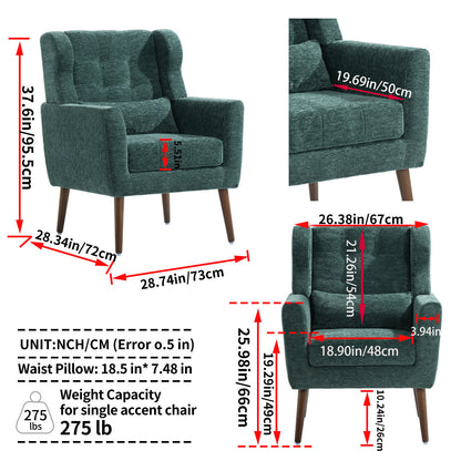 Modern Accent Chair,Chenille Arm Chairs for Living Room,Upholstered Mordern Armchair,Comfy Soft Padded Lounge Chair in Small Space, Bedroom, w/Pillow, Solid Wood Leg (Blackish Green)