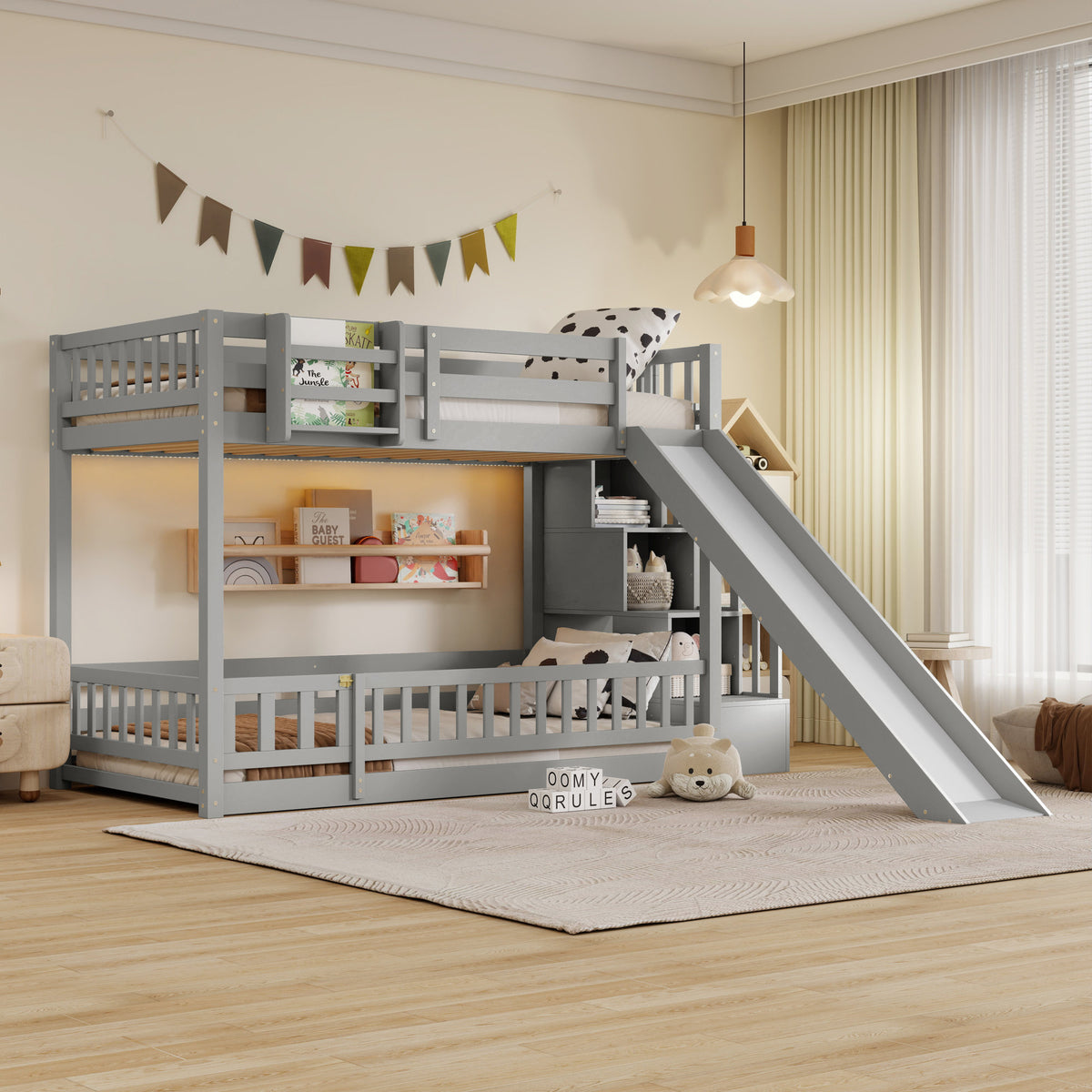 Twin Over twin Bunk Bed with Slide, Storage Staircase, Bedside Storage Rack,LED lights,Pine Solid Wooden Bunk Bed with Safety Guardrails ,Grey