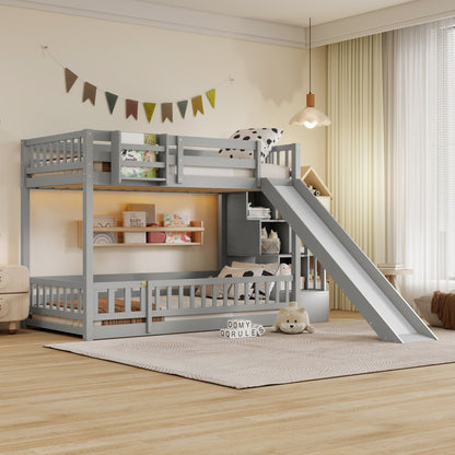 Twin Over twin Bunk Bed with Slide, Storage Staircase, Bedside Storage Rack,LED lights,Pine Solid Wooden Bunk Bed with Safety Guardrails ,Grey