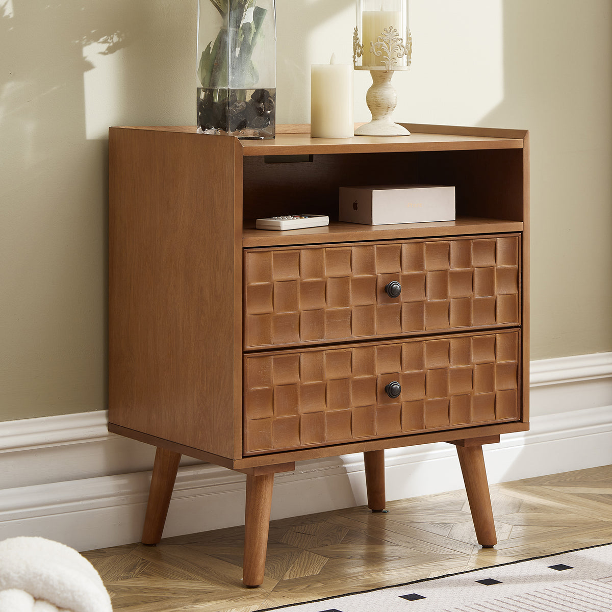 Nightstand with Charging Station, 2 Drawer Bedside Table with Shelf  Features geometric drawer fronts, open storage, USB and AC charging, and solid wood legs for everyday convenience