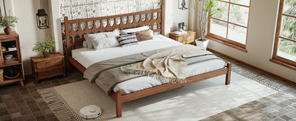 King Size Bamboo Platform Bed with Diamond-shaped headboard, Solid Bamboo-made Bed Frame with Support Slats, for Bedroom, Guest Rooms, Brown