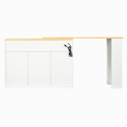 U_STYLE Sideboard with Extendable Tabletop and Wine Rack, Counter Height Bar Table with Color LED Lighting and Left-side Power Outlet, Mobile Farmhouse Wine Cabinet Cart on Wheels (Chairs Not Included
