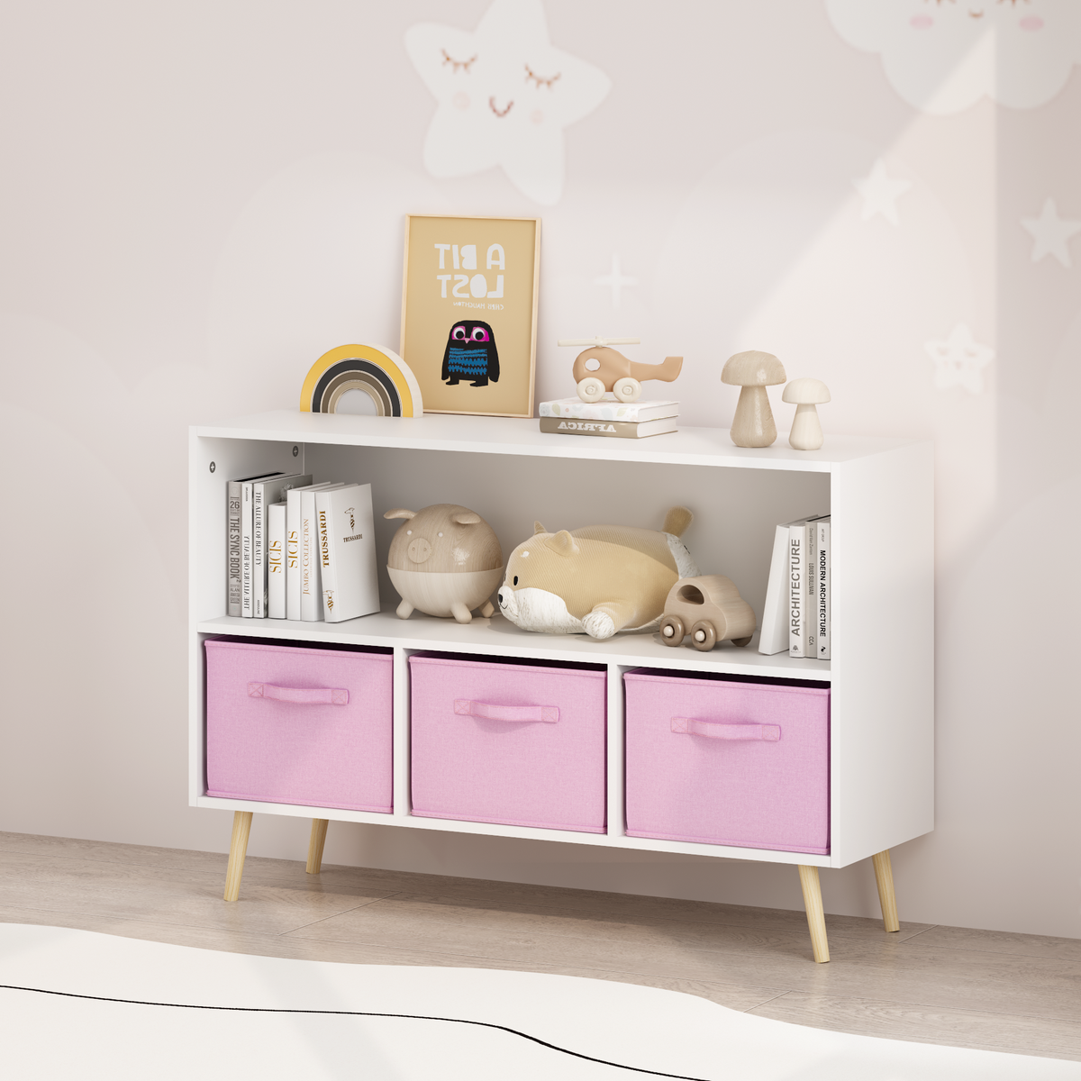 Kids bookcase with Collapsible Fabric Drawers, Children's Book Display, Toy Storage Cabinet Organizer, White/Pink