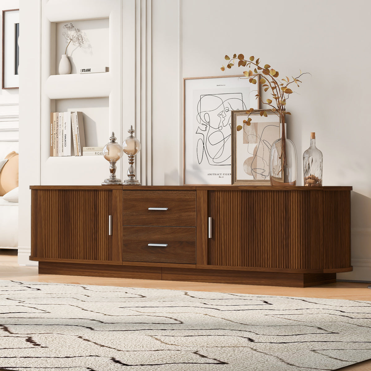 U-Can Modern TV Stand with Drawers, Hidden Sliding Storage, Rounded Corners, and Waterproof Surface, Fits 65'-70" TVs – Antique Brown