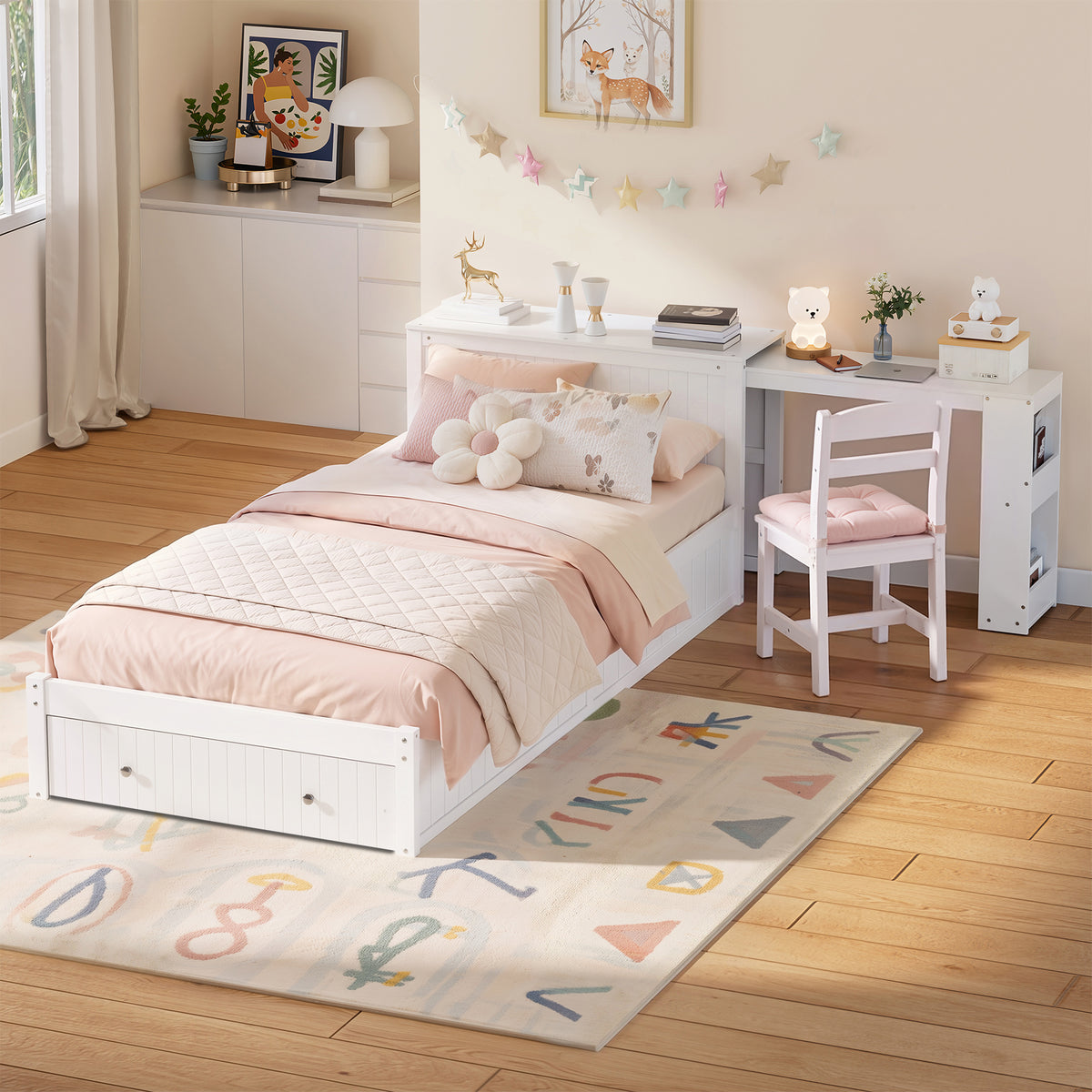 Twin Modern Platform Bed with Integrated Desk and Storage, Wood Bed Frame with wide Headboard, Footboard Drawers & Side Shelves, Multifunctional Space Saving Bedroom Furniture for Teen and Kids, White