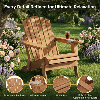 Oversize Wooden Outdoor Folding Adirondack Chair with Pre-Assembled BackRest & SeatBoard, Wood Patio Chair for Garden Backyard Porch Pool Deck Firepit